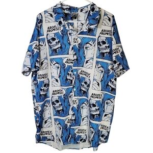 2269 * Broken Promises Comic Book Print Button Down Blue White Size L